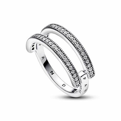 Pandora 192779C01-56 Signature Logo & Pavé Double Band Ring - Sterling Silver, Size 56