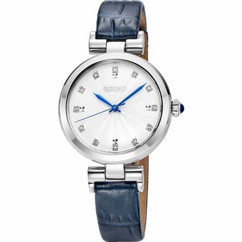 Seiko SRZ545P1 Orologio al quarzo da donna, quadrante bianco, cinturino in pelle blu