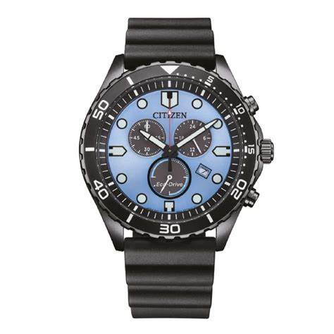 : Citizen AT2567-18L Men's Eco-Drive Chronograph Watch - 43mm Light Blue Dial, Black Rubber Strap