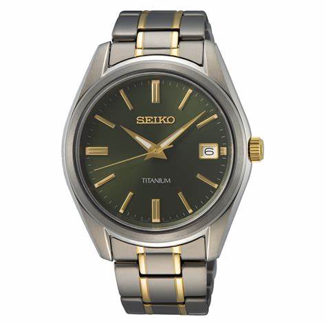 SEIKOSeiko SUR377P1 Men's Titanium Quartz Watch, Green Dial, Two - Tone Titanium BraceletWATCHESEcecile