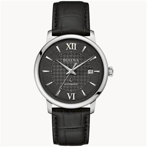 Bulova Hudson 96B441 Men's Automatic Watch - 39mm Stainless Steel Case, Black Dial, Black Leather Strap