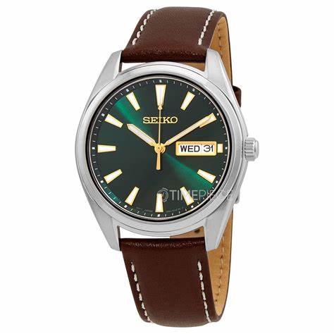 Seiko SUR449P1 Herren-Quarzuhr, grünes Zifferblatt, braunes Lederarmband