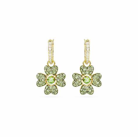 Swarovski 5670664 Idyllia Drop Earrings - Clover Design, Green Crystals, Gold-Tone Plated