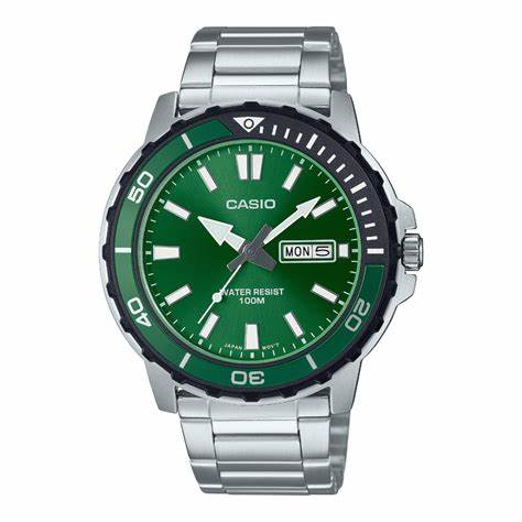 Orologio analogico Casio MTD-125D-3AVDF Uomo - Quadrante verde 45,6 mm, bracciale in acciaio inossidabile