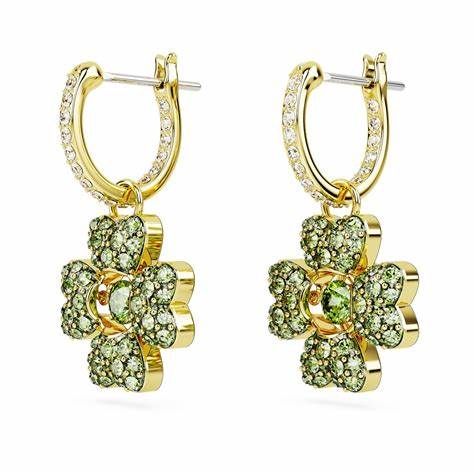 Swarovski 5670664 Idyllia Drop Earrings - Clover Design, Green Crystals, Gold-Tone Plated