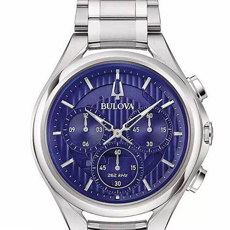 Bulova Curv 96A302 Men's Chronograph Watch - 45mm Stainless Steel Case, Blue Dial, Stainless Steel Bracelet