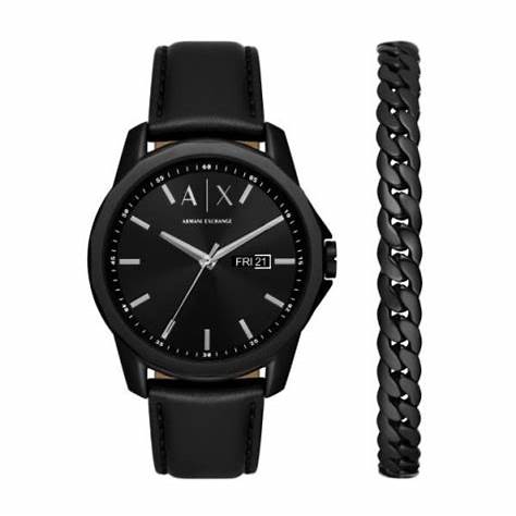 Armani Exchange AX7147SET Set de regalo reloj y pulsera de piel negra para hombre