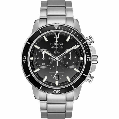 Bulova Marine Star 96B272 Men's Chronograph Watch - 45mm Stainless Steel Case, Black Dial, 200m Water Resistance