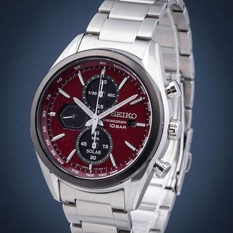 Seiko SSC771P1 Herren Solar Chronograph Uhr, Rotes Zifferblatt, Edelstahlarmband