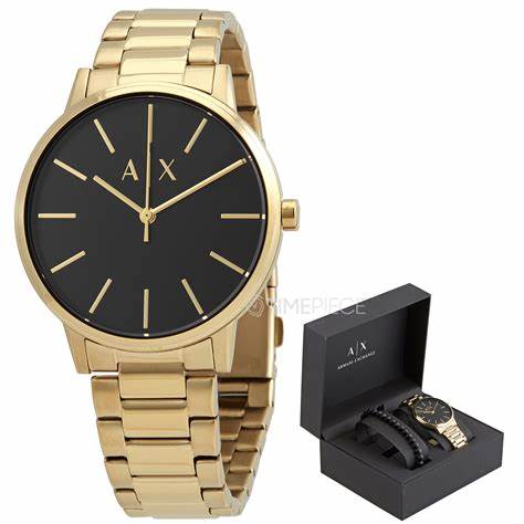 Reloj y Conjunto de Pulsera para Hombre Armani Exchange AX7119 en Tono Dorado con Esfera Negra