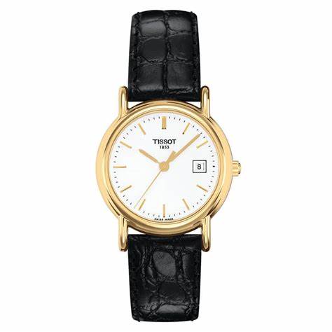 Tissot Carson T71.3.129.11 Women's Quartz Watch, Silver Dial, 18K Yellow Gold Case, Leather Strap