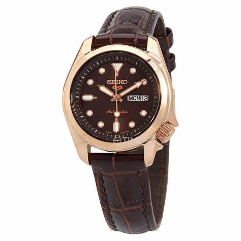 Seiko 5 Sports SRE006K1 Women's Automatic Watch, Brown Dial, Brown Leather Strap