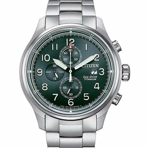 Citizen CA0810-88X Men's Eco-Drive Chronograph, Green Dial, Super Titanium Bracelet