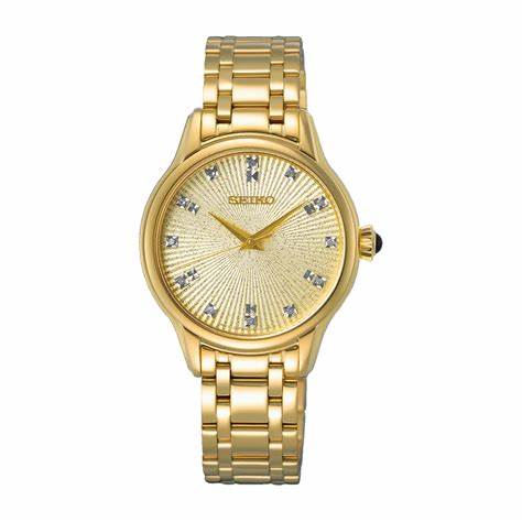 Orologio al quarzo Seiko SRZ552P1 da donna, cassa in tonalità oro, quadrante con diamanti incastonati, bracciale in acciaio inossidabile color oro