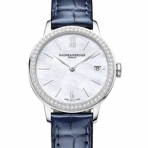 Baume & Mercier Classima M0A10544 Reloj de Cuarzo para Mujer - 31mm Esfera Nacarada, Bisel Engastado con Diamantes, Correa de Aligátor Azul