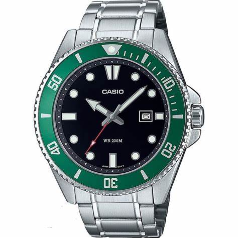 Casio MDV-107D-3AVEF Men's Diver Watch - 46.3mm Black Dial, Green Bezel, Stainless Steel Bracelet