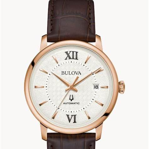 Bulova Hudson 97B225 Men's Automatic Watch - 39mm Rose Gold-Tone Stainless Steel Case, Silver-Tone Dial, Brown Leather Strap