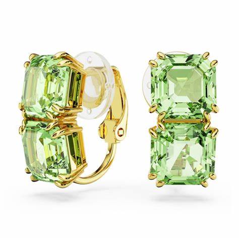 Swarovski 5654559 Millenia Clip Earrings - Square Cut Green Crystals, Gold-Tone Plated