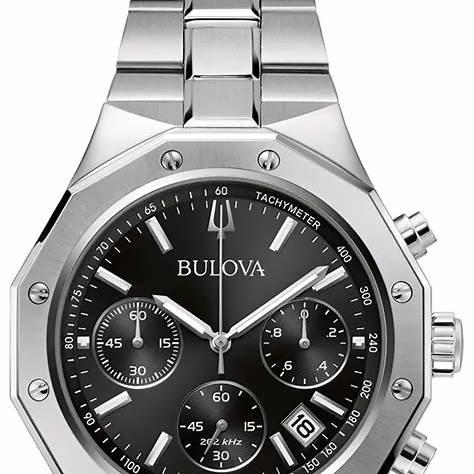 Bulova 96B410 Precisionist Chronograph Herrenuhr - 44 mm Edelstahlgehäuse, schwarzes Zifferblatt, Edelstahlarmband