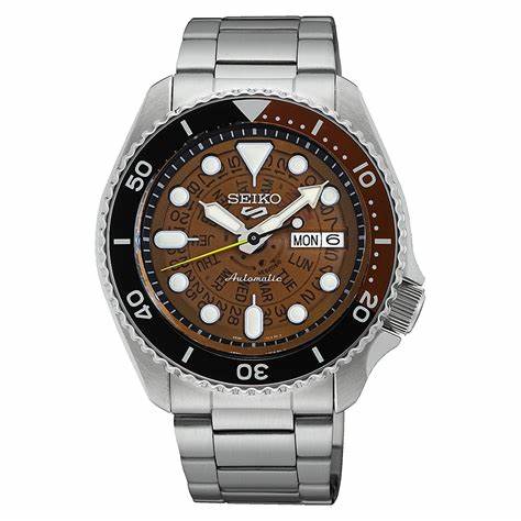 Seiko 5 Sports SRPJ47K1 Orologio automatico da uomo, quadrante arancione traslucido, bracciale in acciaio inossidabile