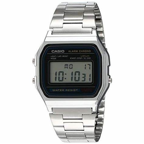 Casio A158W-1DF Reloj digital para hombre, correa de acero inoxidable, diseño retro clásico**