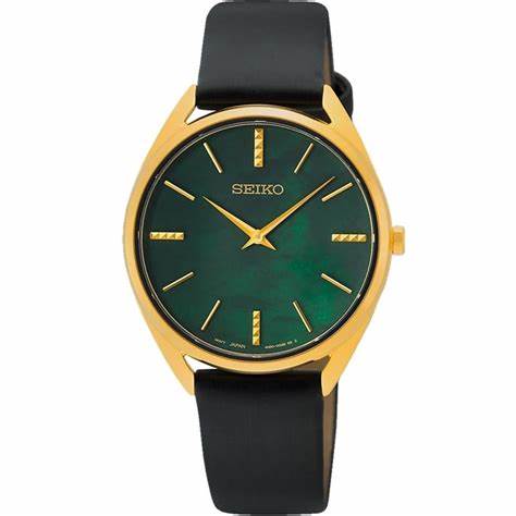 Orologio al quarzo Seiko SWR080P1 da donna, quadrante verde madreperla, cassa dorata, cinturino in pelle nera