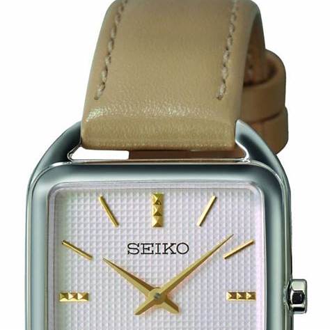 Seiko SWR089P1 Damen-Quarzuhr, beiges Zifferblatt, Edelstahlgehäuse, braunes Lederarmband