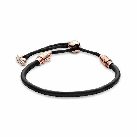 Pandora 588059CBK-2 Moments Black Leather Slider Bracelet - 14k Rose Gold-Plated, 28cm