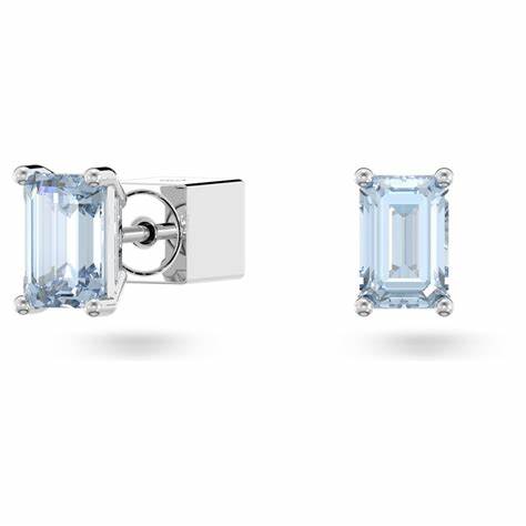 Swarovski 5639134 Stilla Cushion Cut Stud Earrings - Blue Crystals, Rhodium-Plated