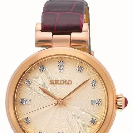 Seiko SRZ548P1 Women's Quartz Watch, Rose Gold-Tone Case, Brown Leather Strap